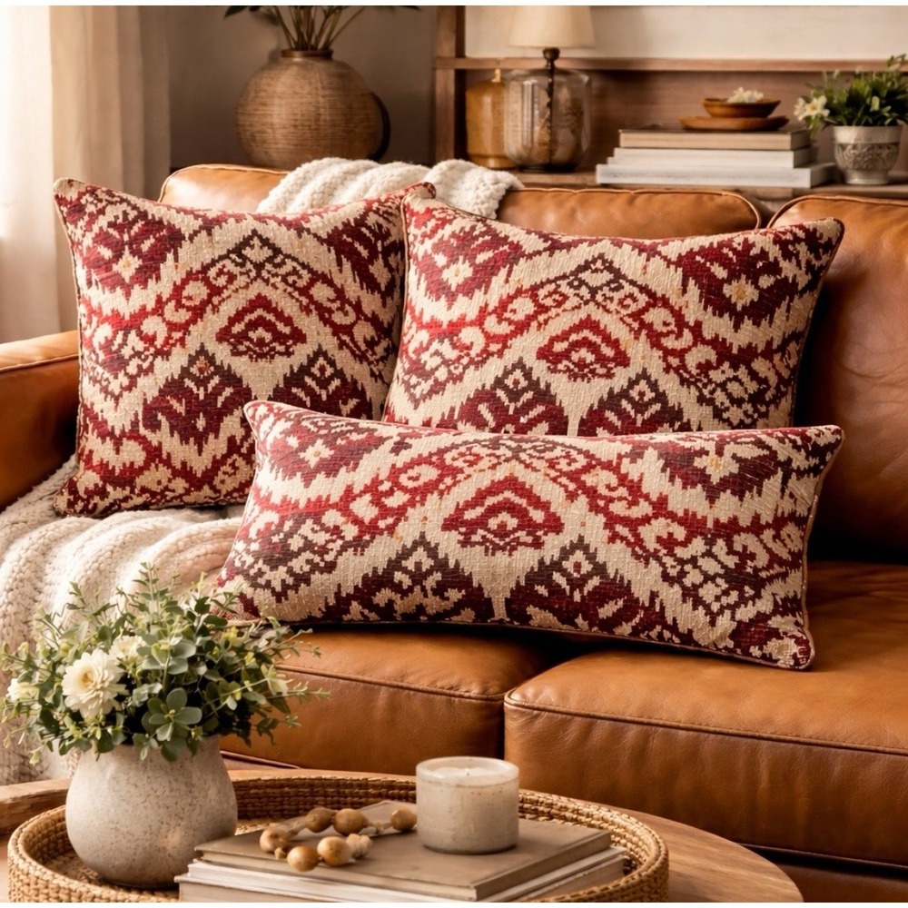 Ikat Jacquard Woven Pillow Covers Set 3 Boho Rustic Red Cream 23x23" + Lumbar